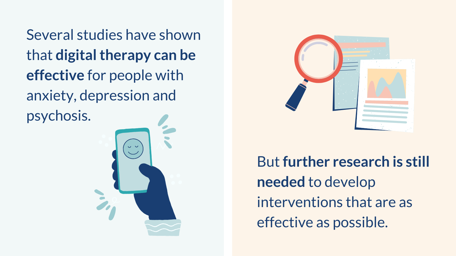 National Institute for health and care research infographic. Text displays: Several studies have shown that digital therapy can be effective for people with anxiety, depression and psychosis. But further research is still needed to develop interventions that are as effective as possible.
