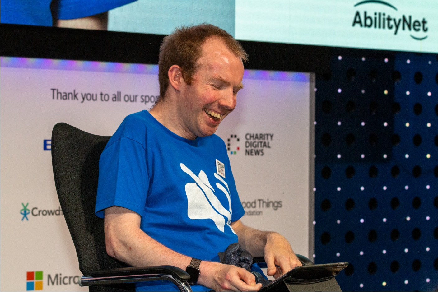 Colour photo of Lost Voice Guy at Tech4Good Awards 2019