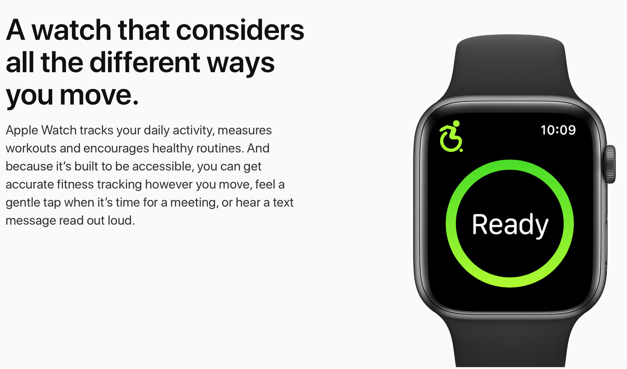 an Apple advert for the smart watch states 'a watch that considers the different ways you move' with a picture of the app on the watch