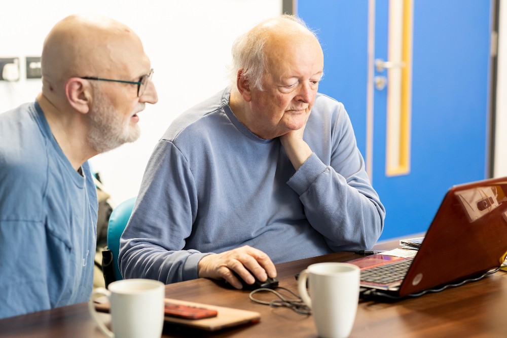 Two older men looking at laptop working