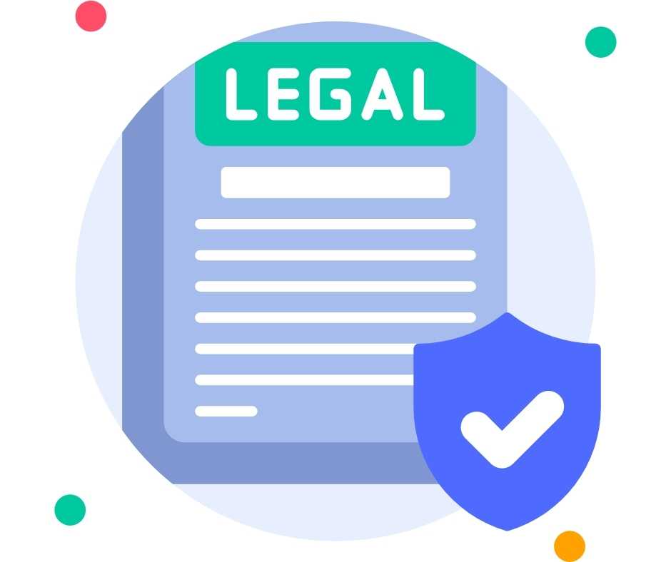 Circle shaped icon depicting a legal document, with the word legal at the top and a tick symbol in a badge
