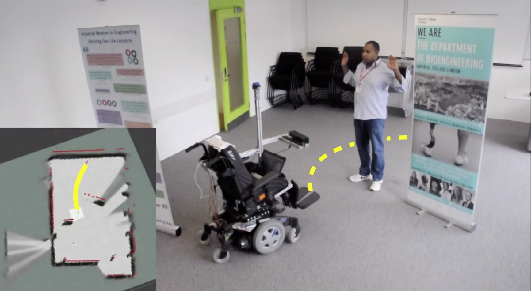AI powered wheelchair crosses a room avoiding obstacles