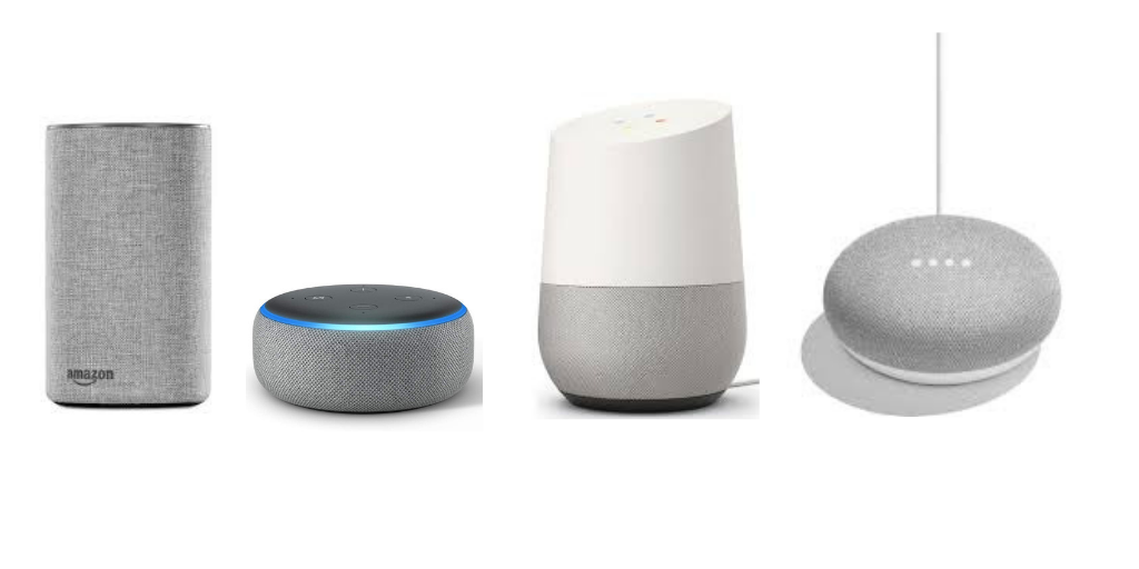 Photos of Two Amazon Echos and two Google Home devices