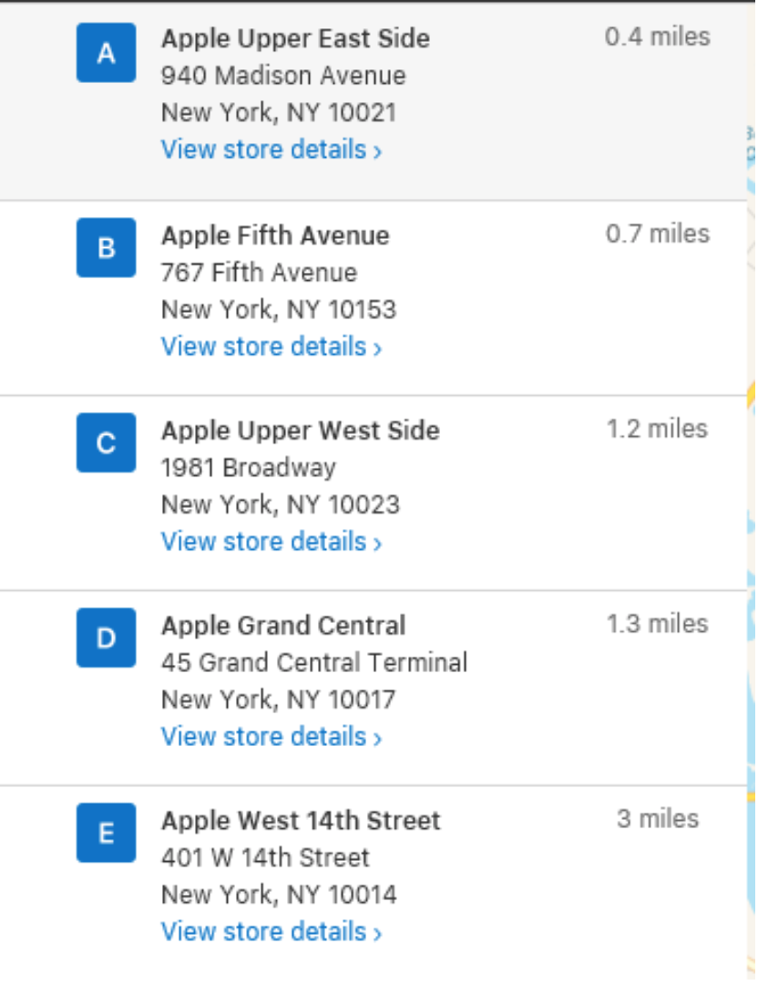 graphic showing list of Apple store locations