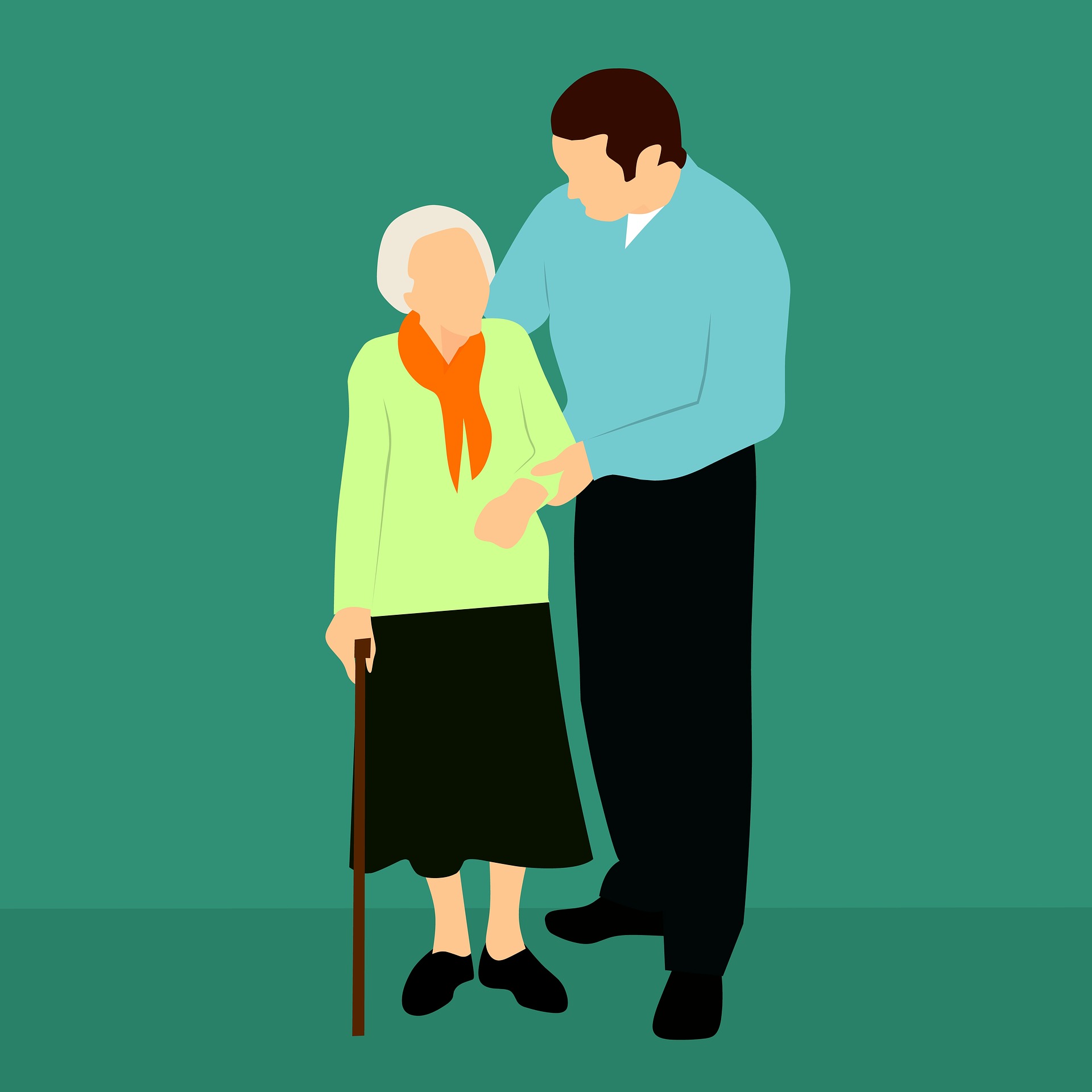 Illustration shows a younger man holding the elbow of an older lady who is walking with a stick