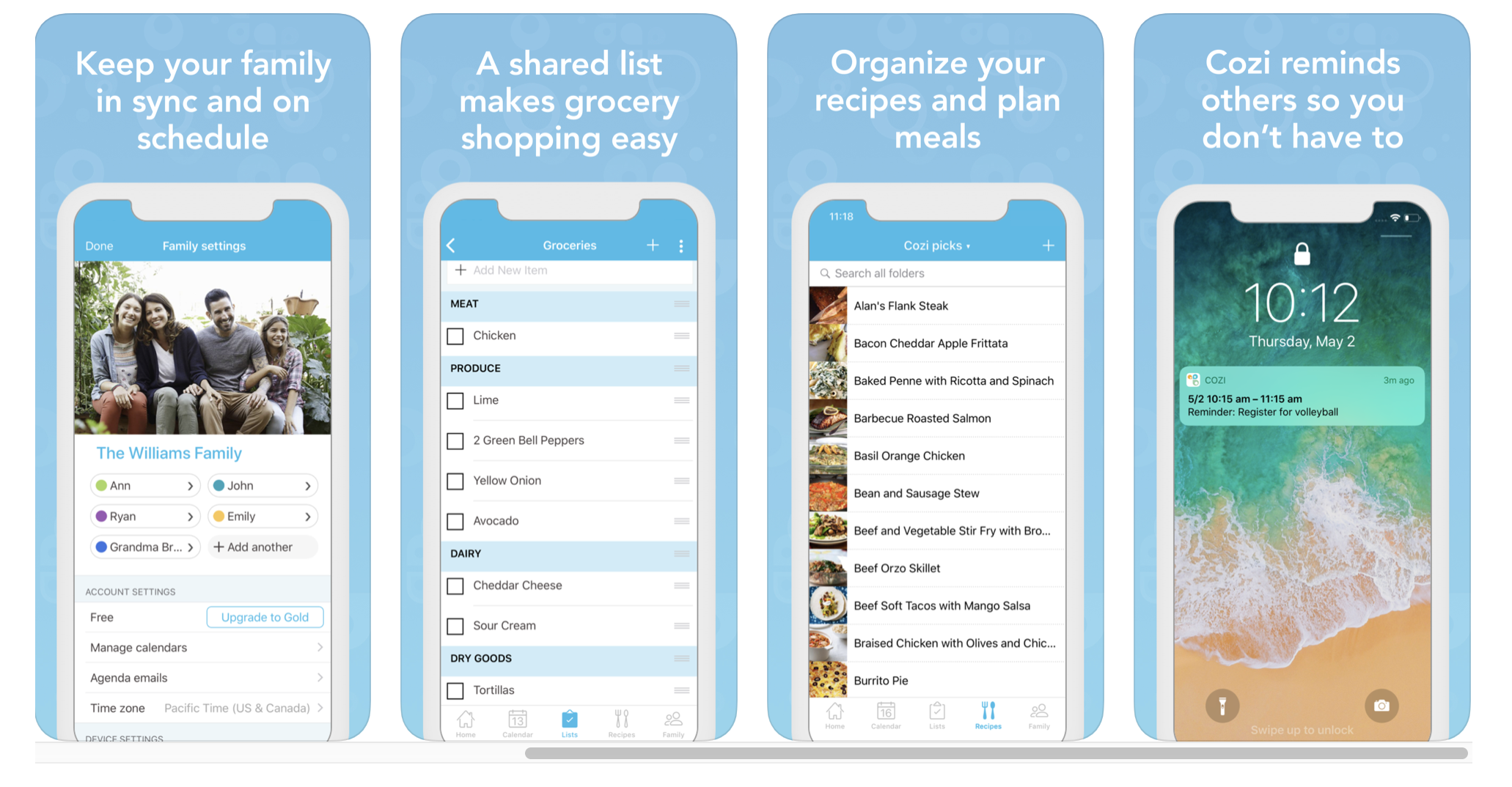 Four different screen shots of the Cozi Family organiser