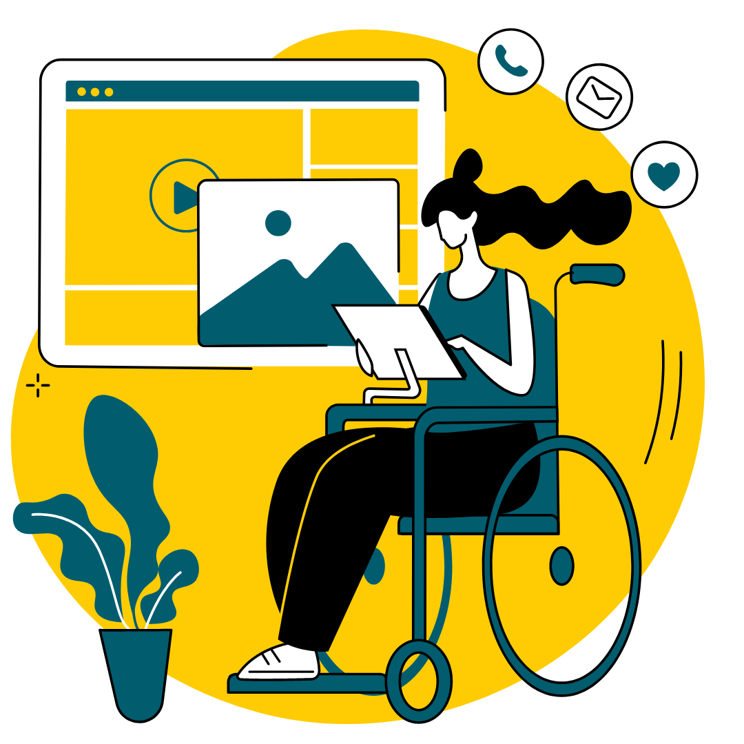A graphic of a woman sitting in a wheelchair in front of a large screen using a computer. Around her are symbols including a phone, email and heart. 