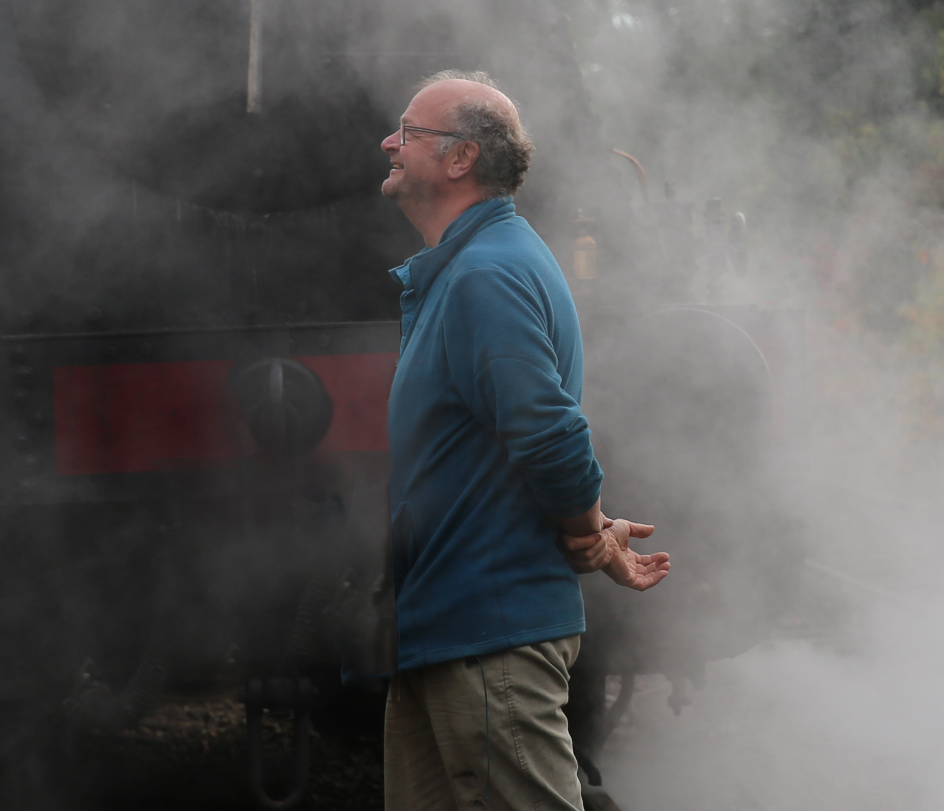 Ed Booth on set with steam train