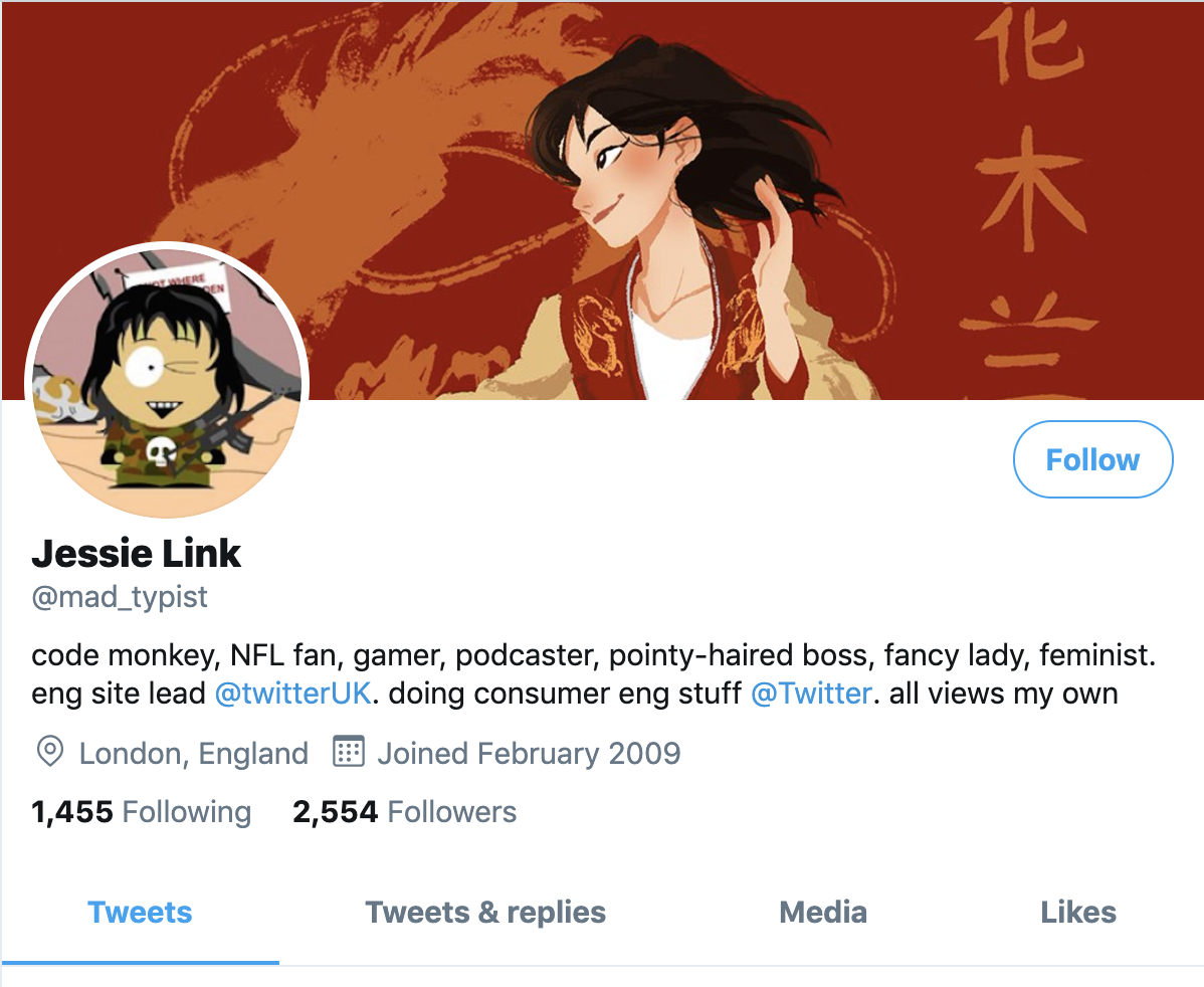 A screenshot of Link's Twitter account, which has a cartoon icon and a manga-style header