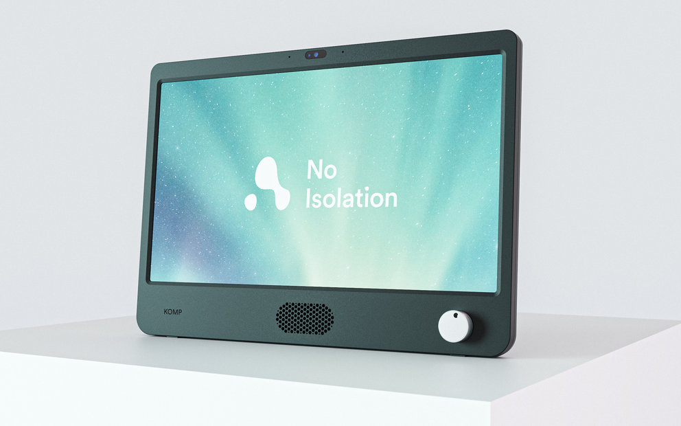 KOMP's videoconferencing device displaying the No Isolation logo