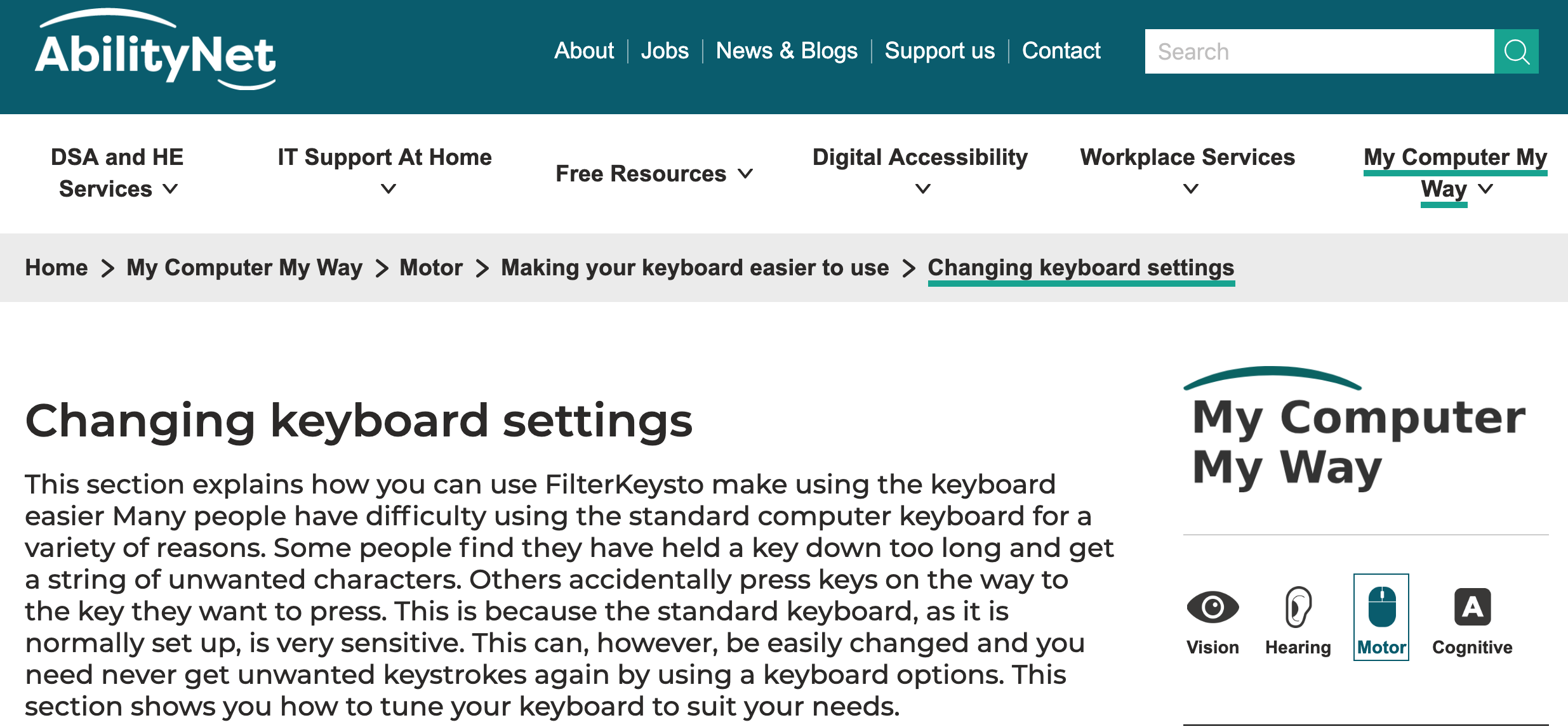 A screenshot of My Computer My Way website. Text on screen reads Changing keyboard settings