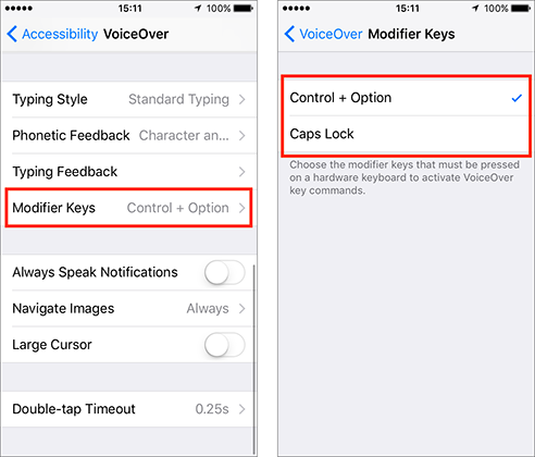 Iphone accessibility voice over and modifier keys menus