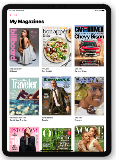 News+ app in use on an ipad showing selection of magazines available to read