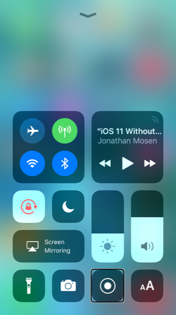 screen shot from Robin's iPhone showing the new style control centre