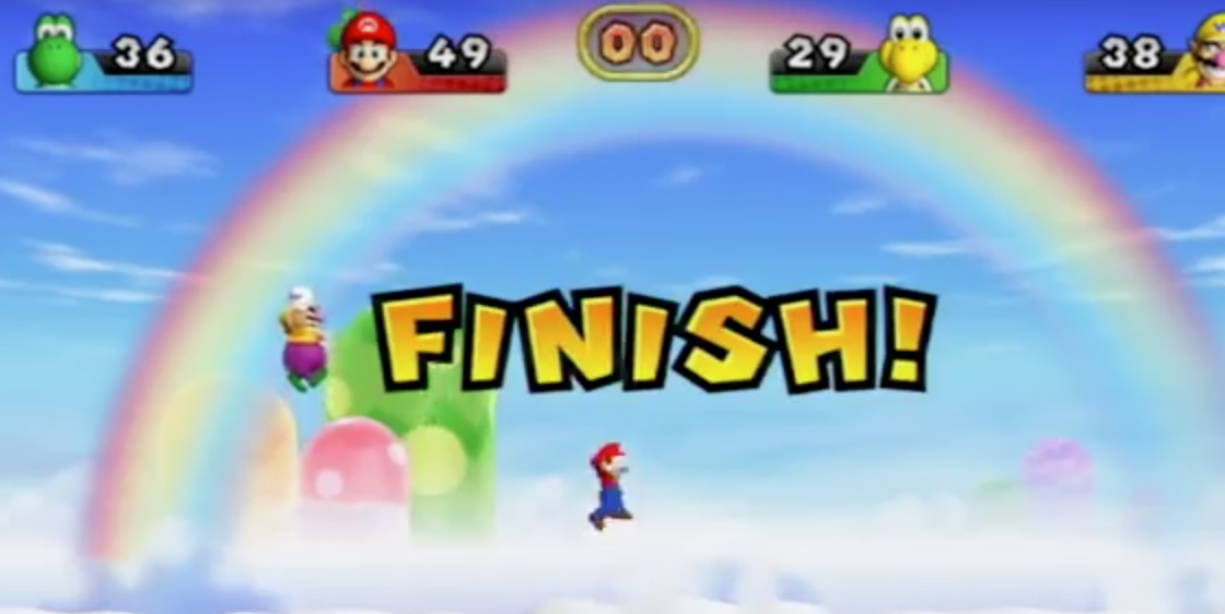 Mario video game displaying the word 'Finish'