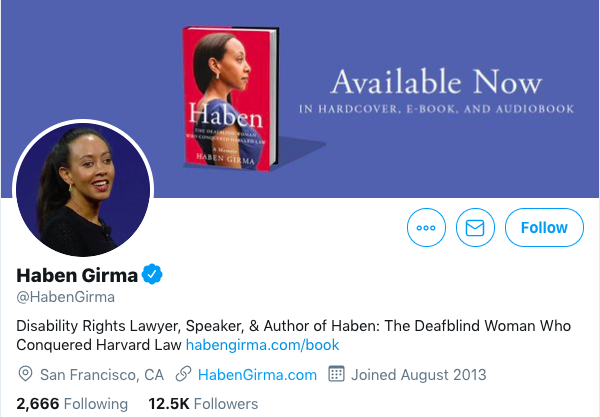 Screenshot from the Twitter account of Haben Girma. It features an image of her printed autobiography