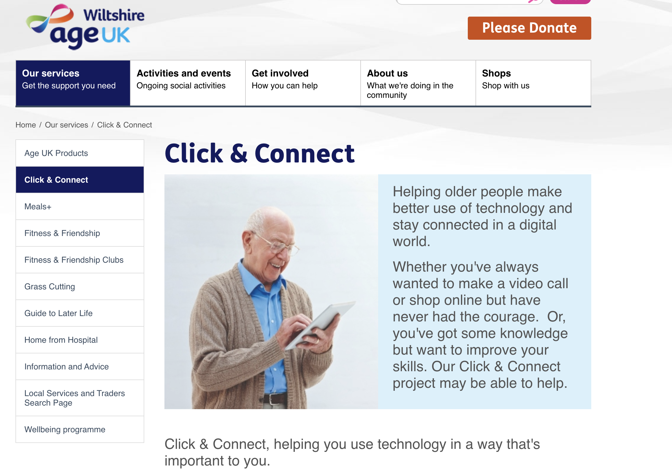 Image shows home page for the Click and Connect project and has a picture of an older gentleman holding a tablet