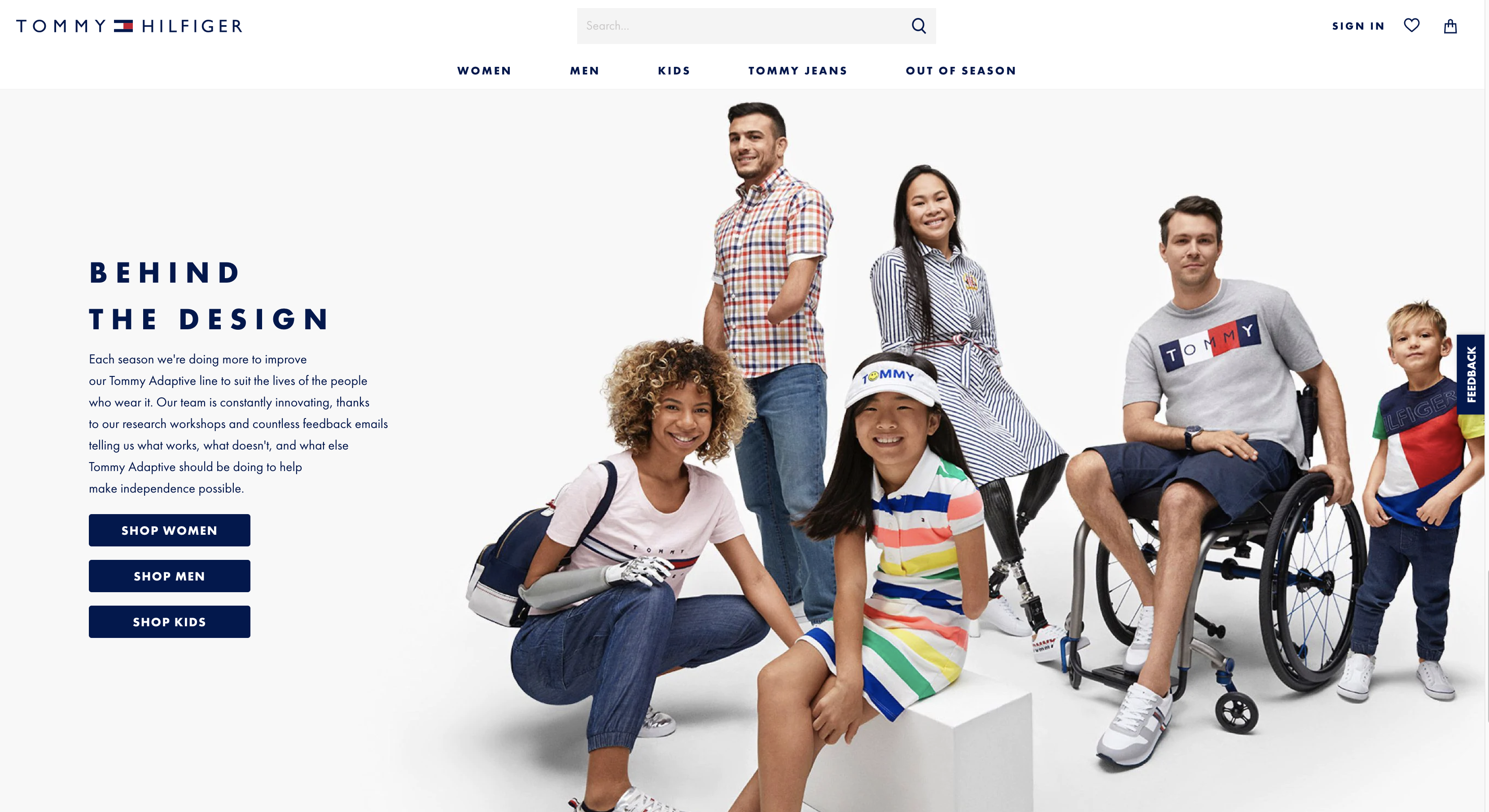 Image shows the website for the adaptive clothing line for Tommy Hilfiger. The caption reads "behind the design".