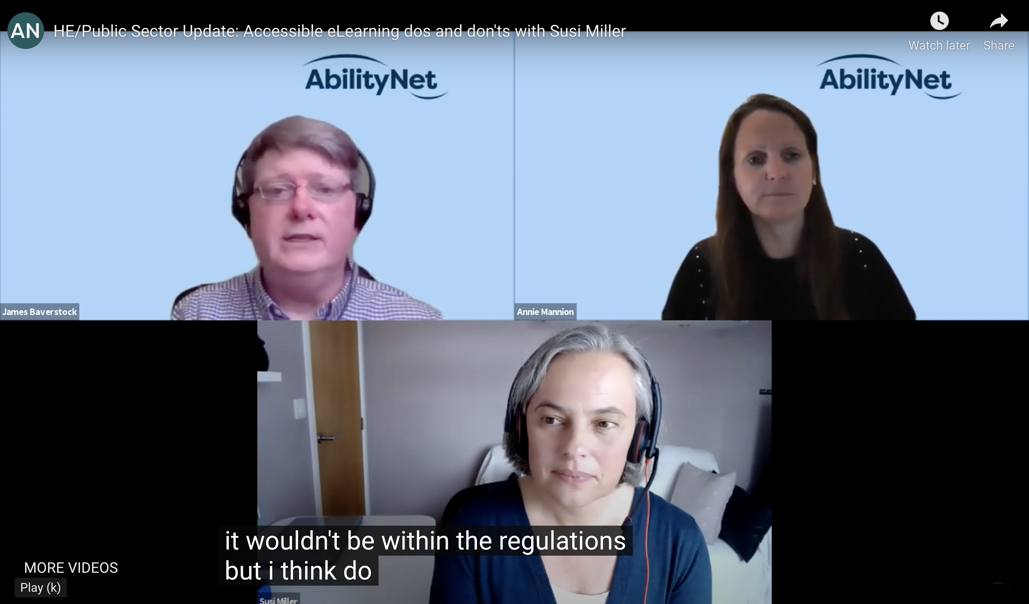Screenshot from video of James Baverstock, Susi Miller and Annie Mannion speaking on webinar