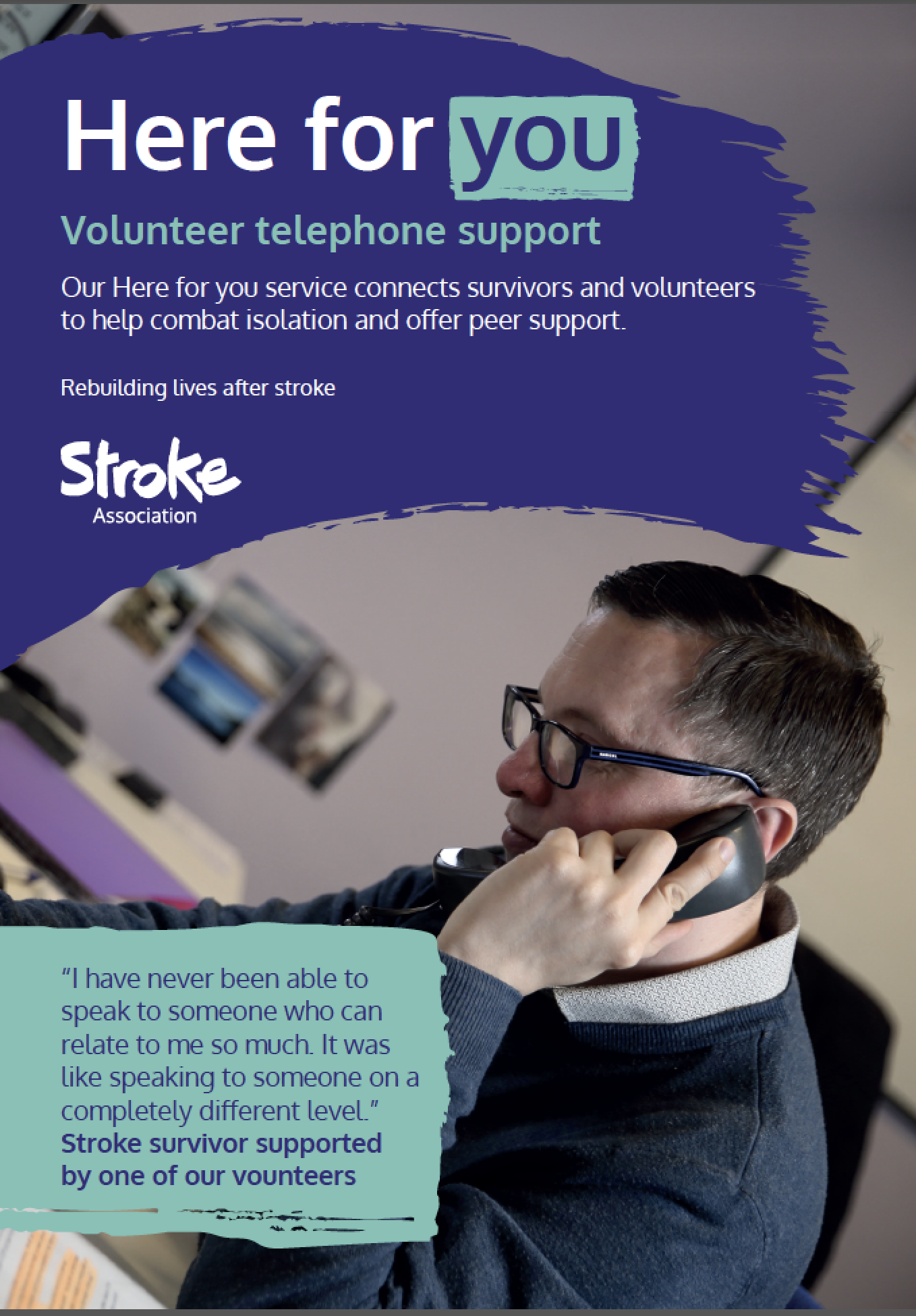 Shows the cover of the Stroke Association brochure with the headline 'Here for You'