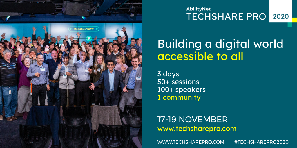 Group of people at TechShare Pro event waving - banner saying Building a digital world accessible to all. www.techsharepro.com