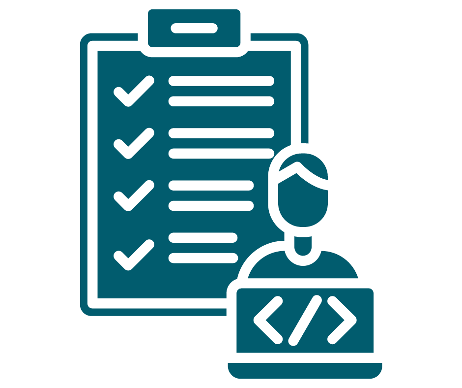 A checklist icon with a person sitting at a desk with a clipboard in front of them