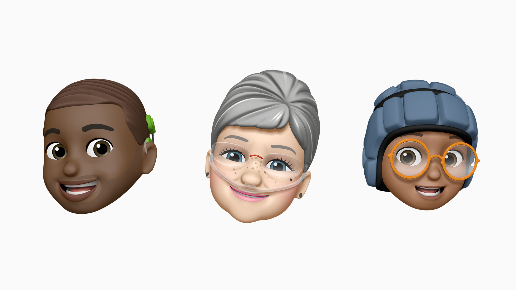 3 mimoji examples a person of colour with a cochlear implant, an grey haired white lady with an oxygen tube under her nose and a person of colour wearing glasses and a foam safety helmet