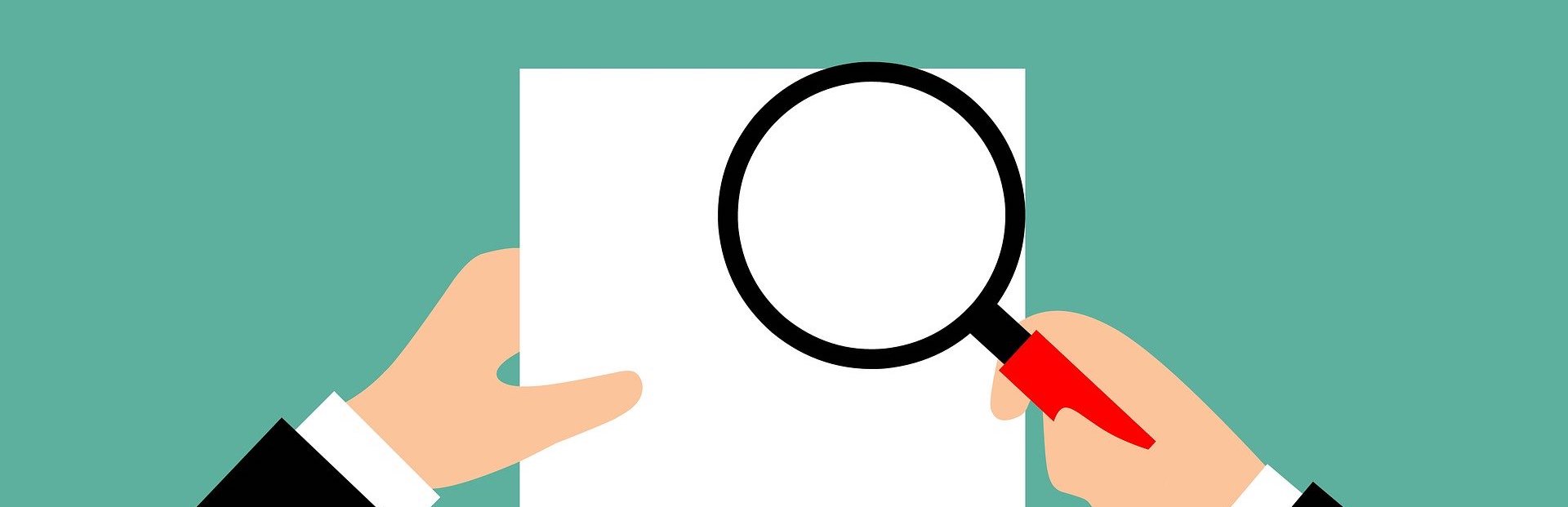 An illustration of a person using a magnifying glass to inspect a document