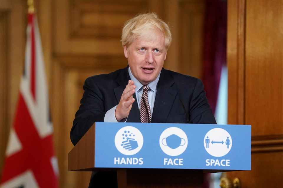 Image of Boris Johnson speaking at lectern saying 'Hands, Face, Space'