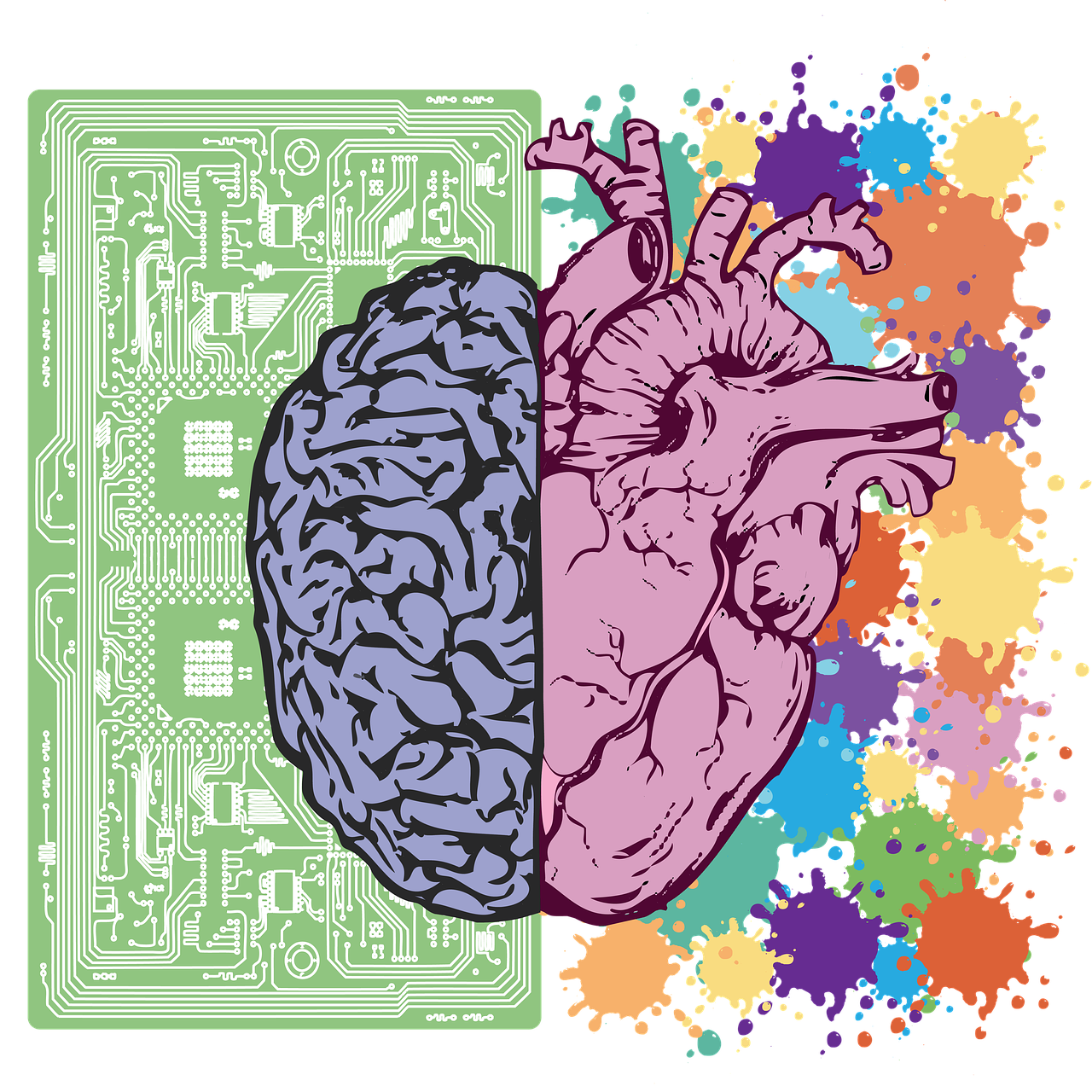 Picture of an illustrated brain with a computer motherboard behind it