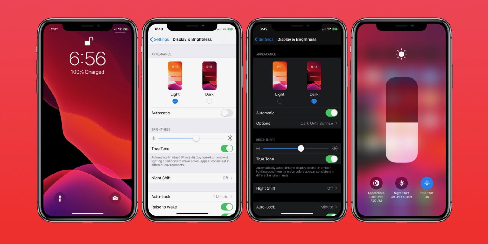 4 iphone screens showing the dark mode option
