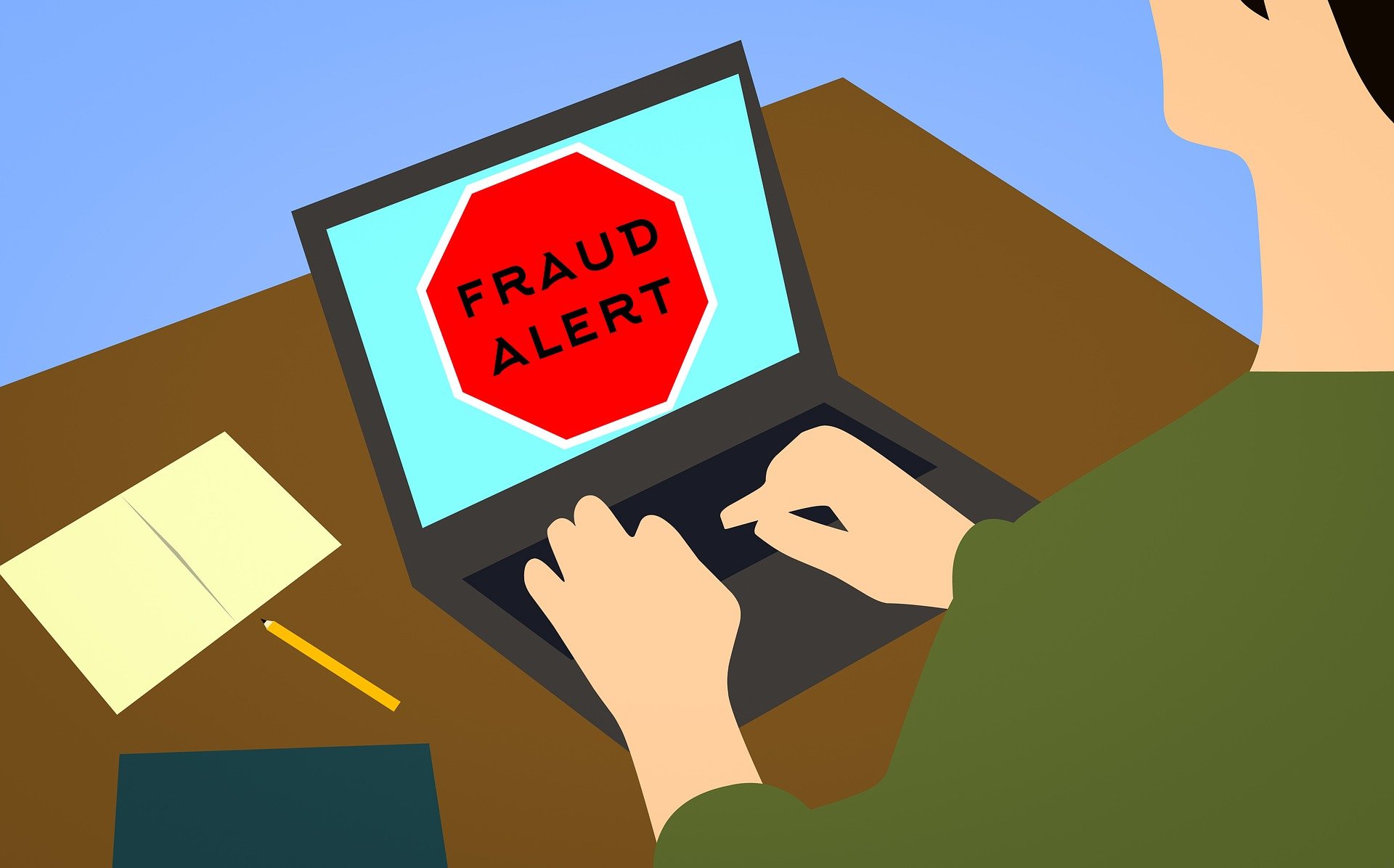 Shows an illustration of someone typing into a keyboard. Words on-screen read 'Fraud Alert'