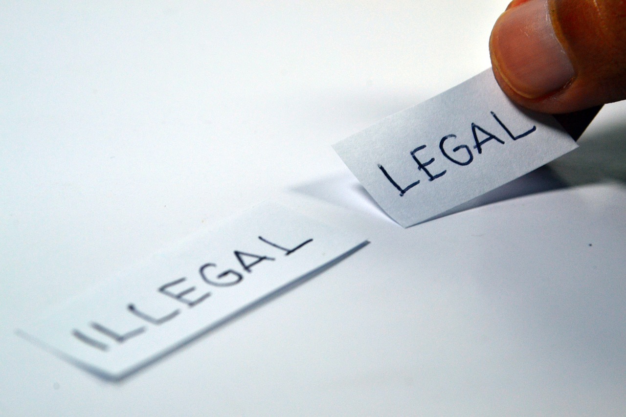 A person with two pieces of paper, one saying 'illegal' the other saying 'legal'
