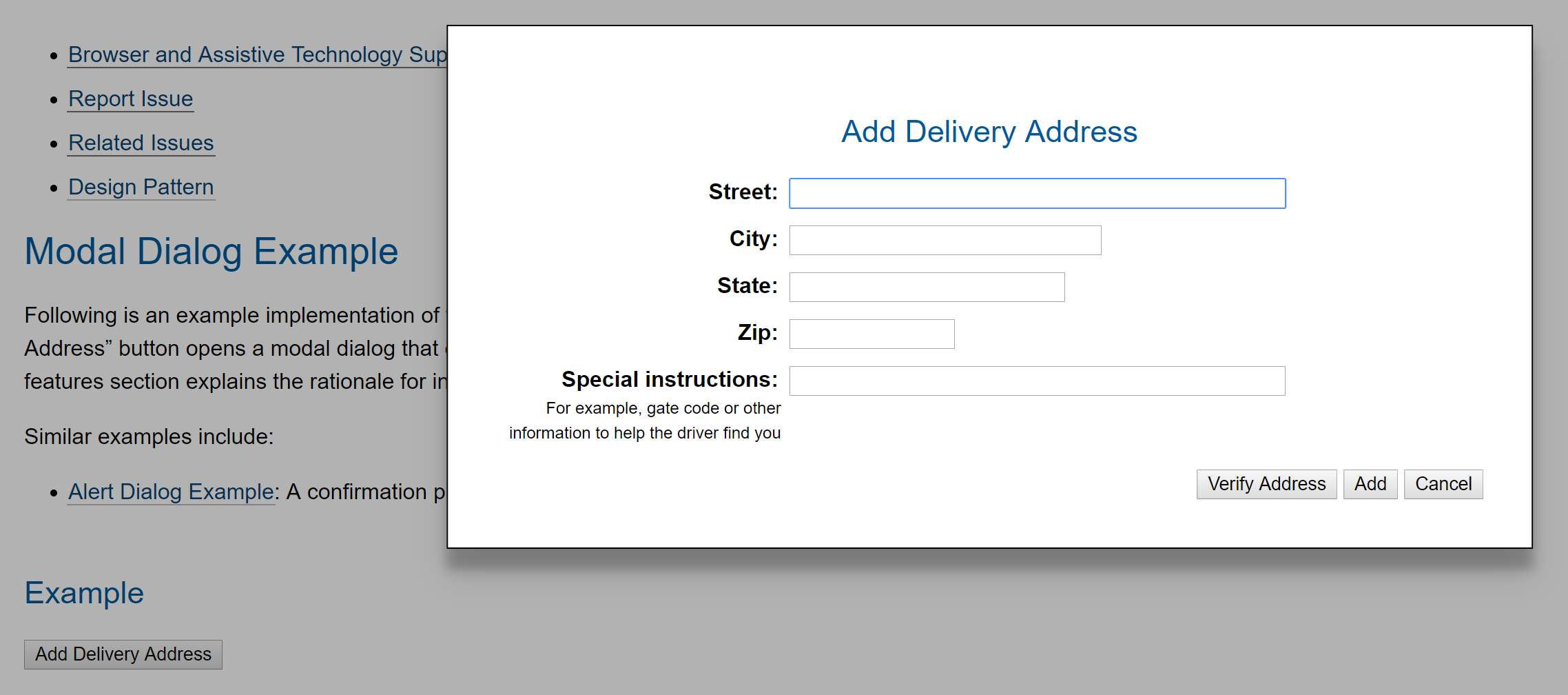 example modal dialog with street, city, state, zip, and instruction fields