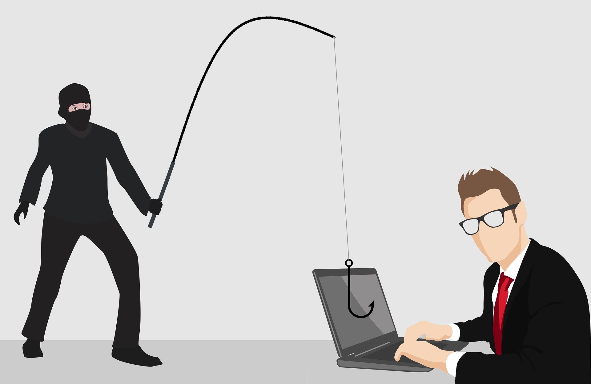 Image shows someone in black with a fishing line. The end of the line is draped over a computer where a man sits dressed in a suit. It is an illustration.