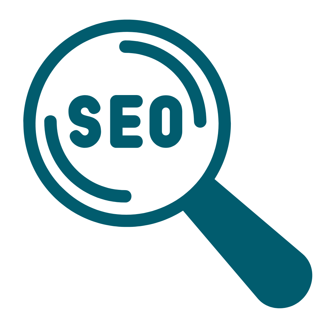 A graphic of a search bar with SEO written inside of it, with a hand pointing towards a growth chart.