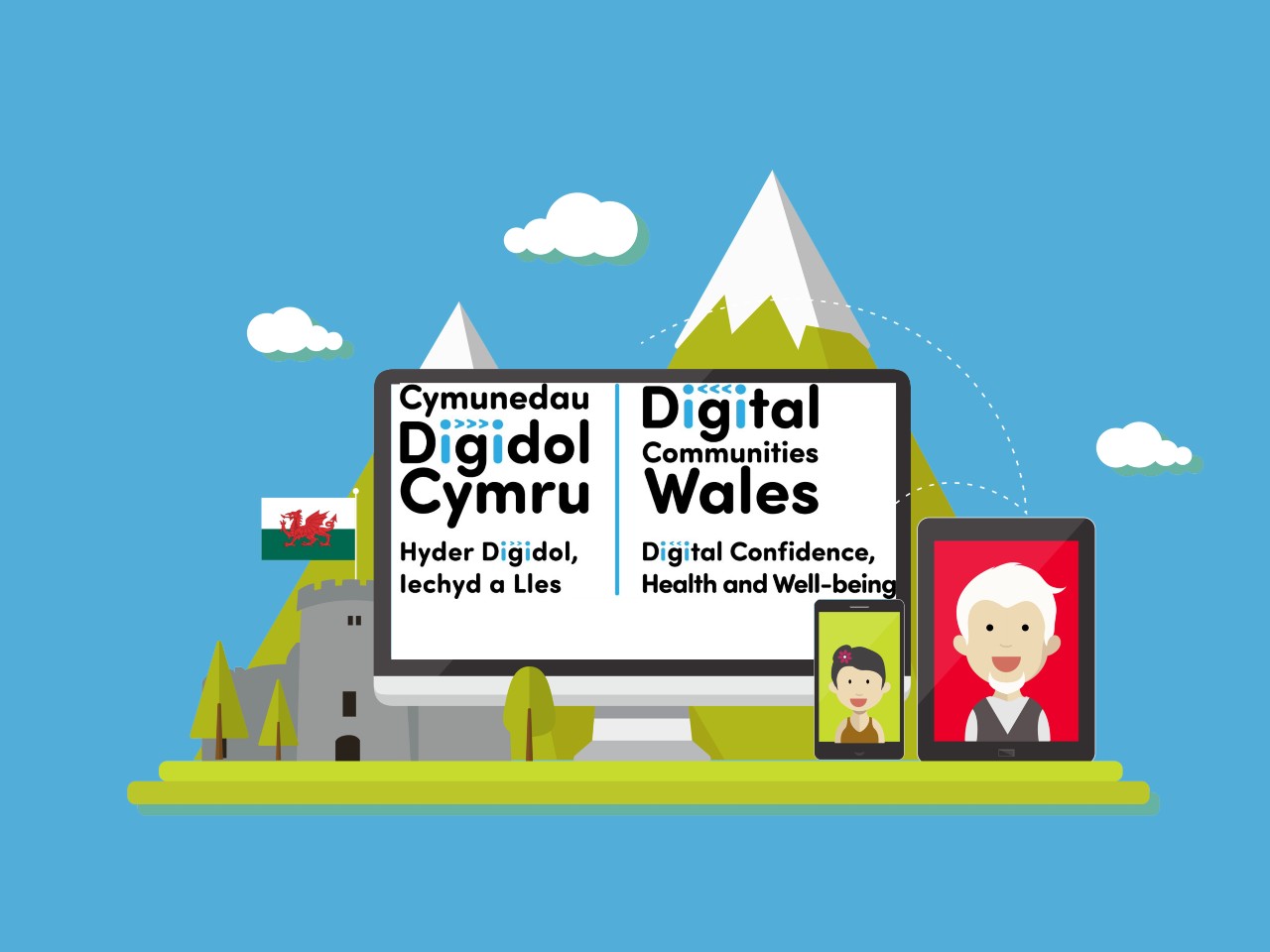 Digital Communities Wales logo with welsh translation Cymunedau Digidol Cymru  - illustration of a mountain in blue skies with a castle and cartoons of happy faces